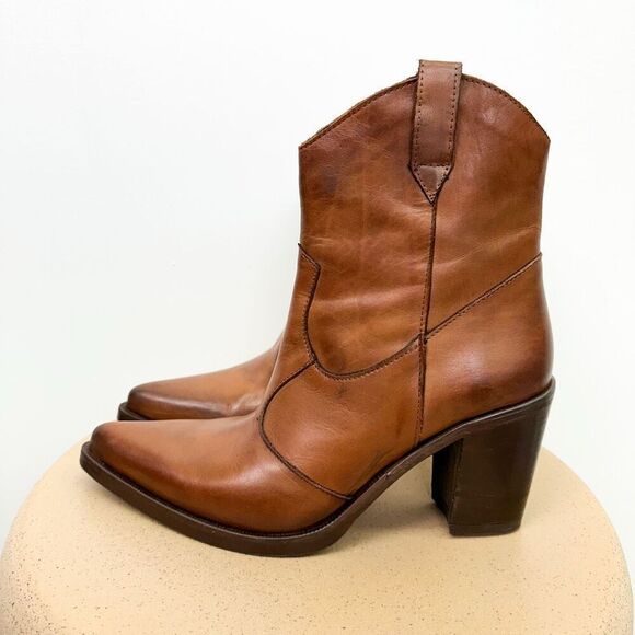 Emanuele Crasto Made in Italy Women’s Leather Cognac Brown Heel Mid Calf Western - Picture 1 of 13